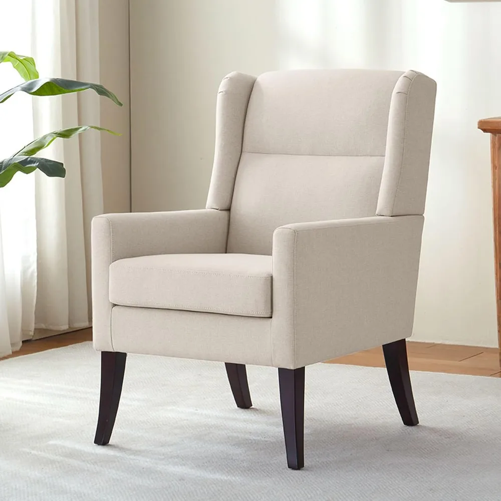 

Elegant High-Back Fabric Chairs: Cozy Upholstered Armchairs on Wooden Legs for Living Spaces and Bedrooms