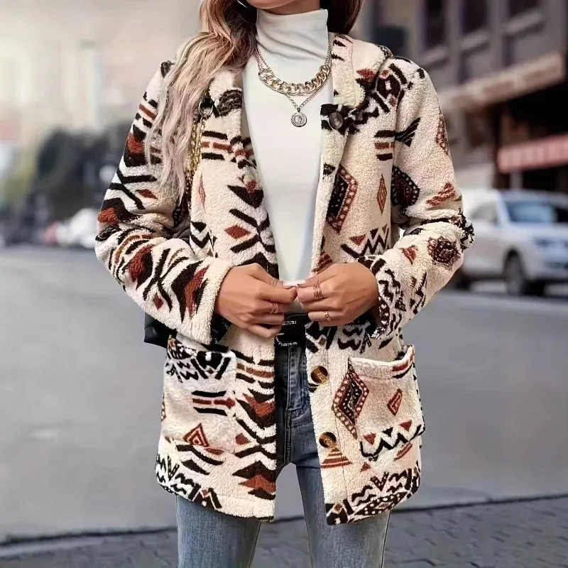 

ZEMOREXMZ 2025 осень-зима женская куртка с принтом повседневное толстое плюшевое теплое пальто с капюшоном с длинным рукавом однобортное женское свободное пальто