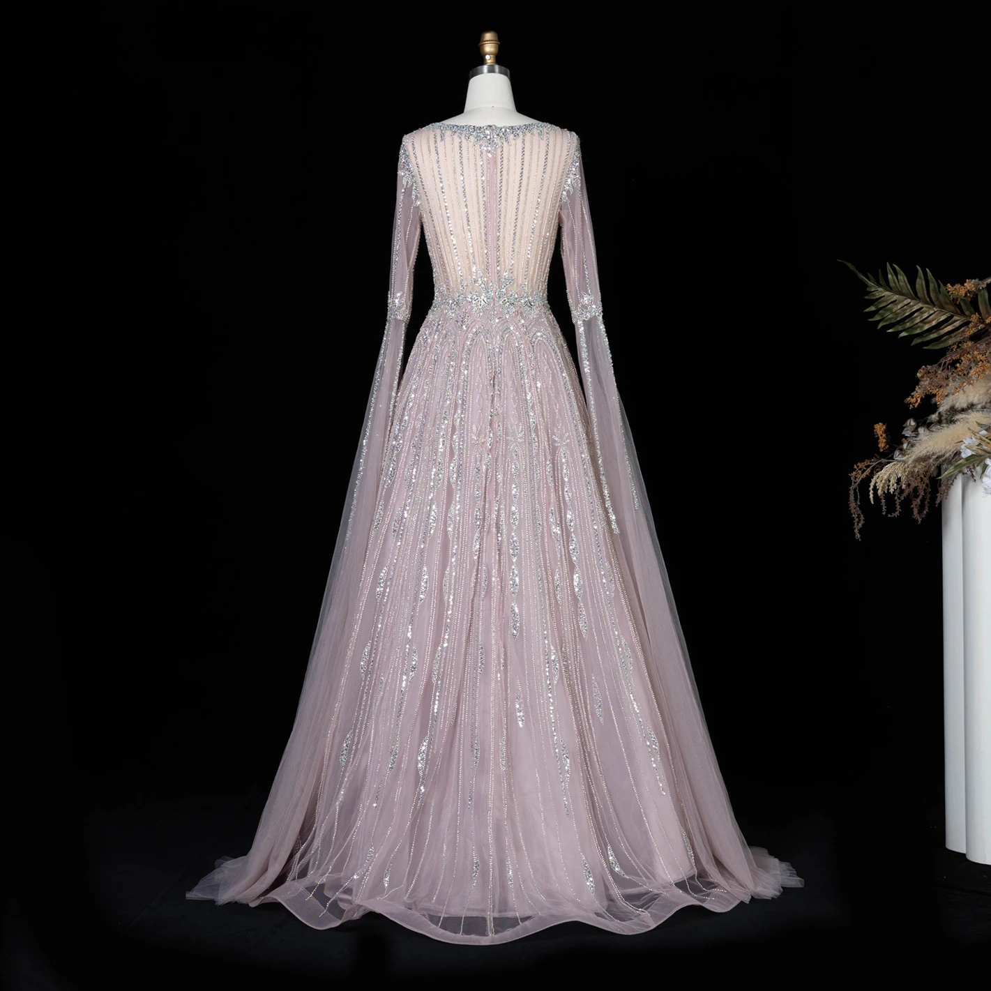 Sharon Said Luxuriöses Braunes Abendkleid mit Quadratischem Ausschnitt, Langen Glockenärmeln, Schwer Perlenbestickt, Dubai Formelle Partykleider SS065 Maßanfertigung – Detail 9