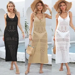 S-XL Sexy Long Outwear Dress for Women Holiday Outfits Black Robe Swimsuit Cover Up Hole Knitted Dresses Beige Streetwear 2024