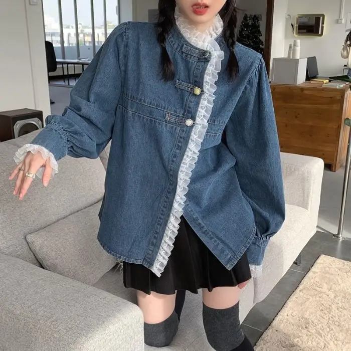 

2025 Spring and Autumn Design Charm Lace Denim Shirt Women's Loose Coat Top Shirt