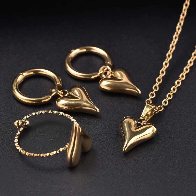 No Fade Three-Dimensional Love Jewelry Set Heart Ring/Earring/Necklace Stainless Steel Rings For Women Accessories Birthday Gift