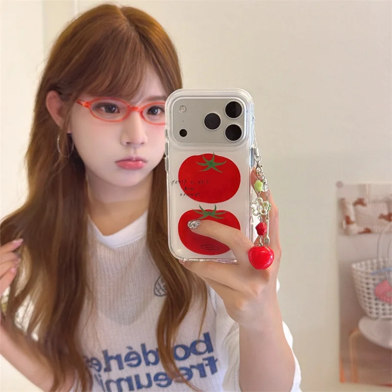 

Kawaii Hand-drawn Tomato Clear Phone Case With Matching Wrist Strap For iPhone 14 15 16 17 Pro Max INS Fresh Style Shockproof Co