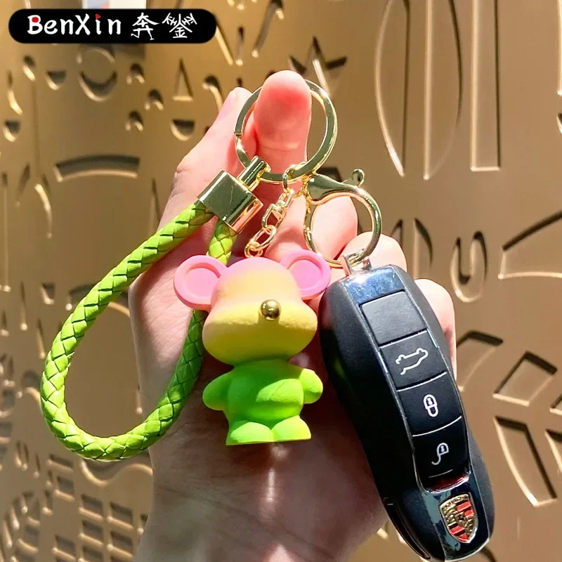 Minso ハイエンドクリエイティブレインボーキャンディーベアウサギキーホルダー、スクールバッグペンダント、かわいい樹脂人形車キーホルダー、小さなギフト