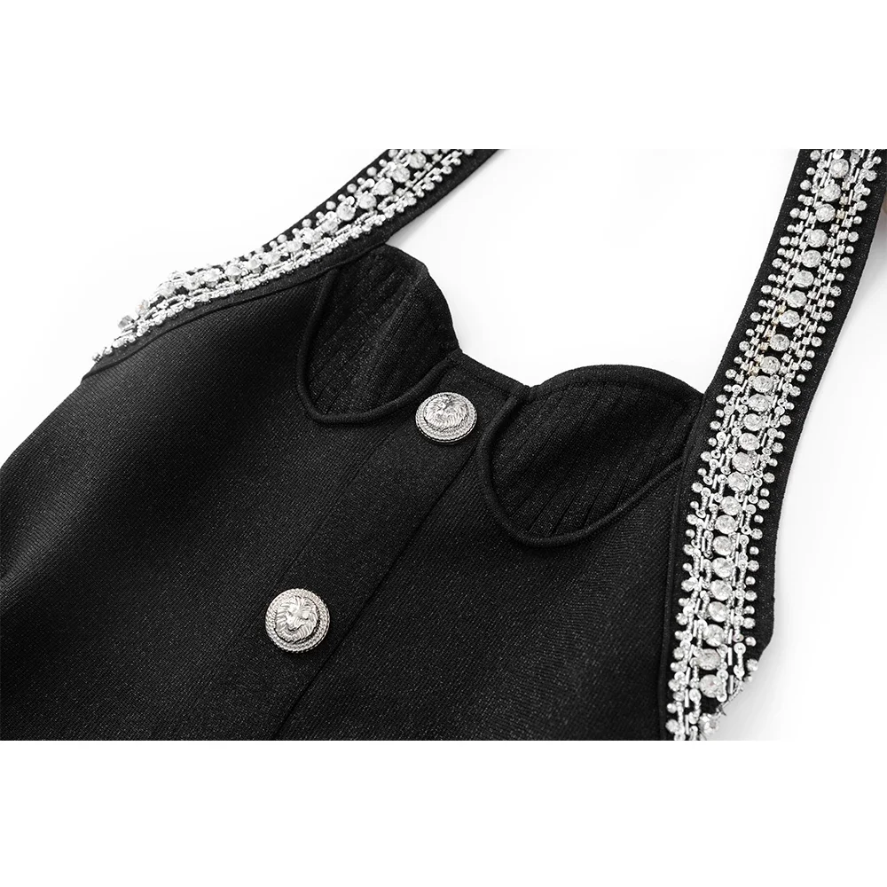 

Eye-catching Party Evening Design Shining Rhinestone Beadings Women Black Knitting Halter Dress High Quality