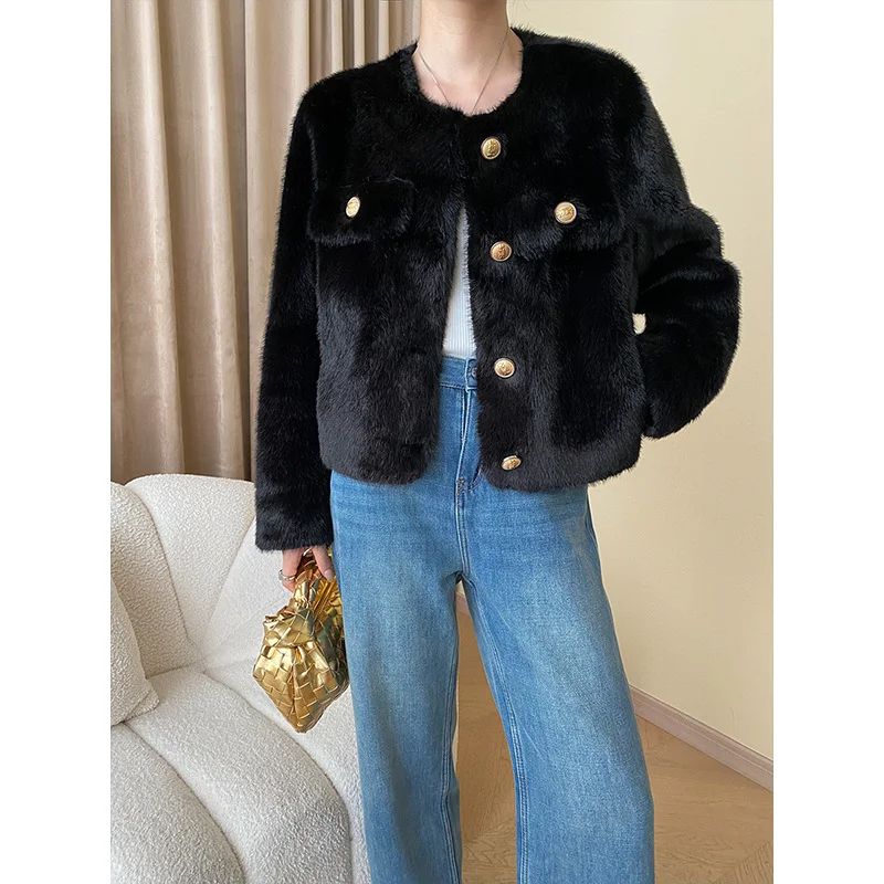 French Mink Fur Thick Women Coat Autumn Winter Casual O Neck Loose Wild Fashion Fur One Whit Black Daily Ladies Faux Fur Coat