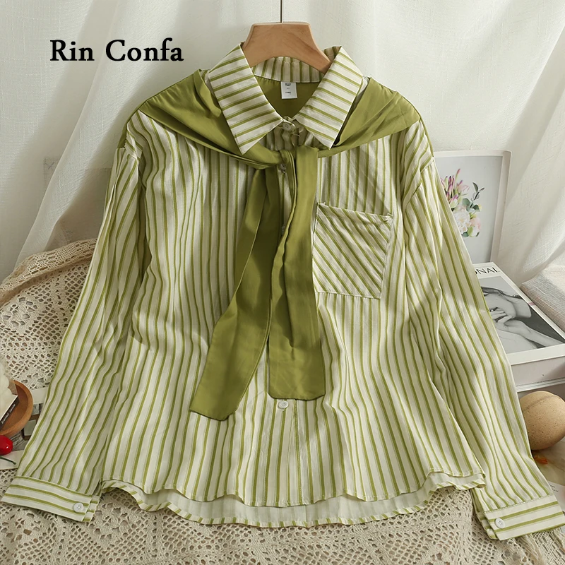 

Rin Confa Women Autumn Striped Fake Two Pieces Shirt Chic Turn-Down Collar Single-Breasted Tops All-Match Loose Thin Top Women