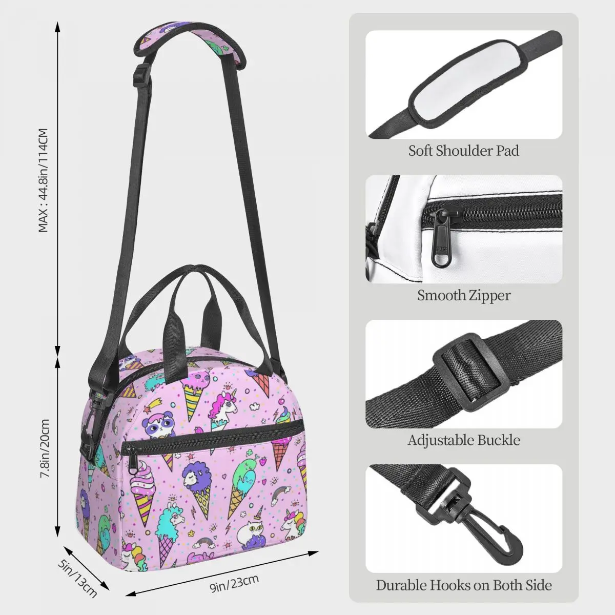 Ice Cream Unicorn Lunch Bags Insulated Bento Box Portable Lunch Tote Resuable Picnic Bags Thermal Bag for Woman Girl School