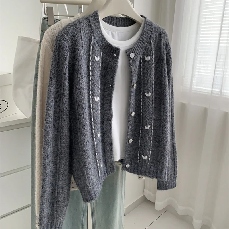 Vintage Häkeln LIEBE Gedruckt frauen Strickjacke Herbst Winter Sanfte Lange Hülse Lose Pullover Jacken Weibliche Weiche Strickwaren
