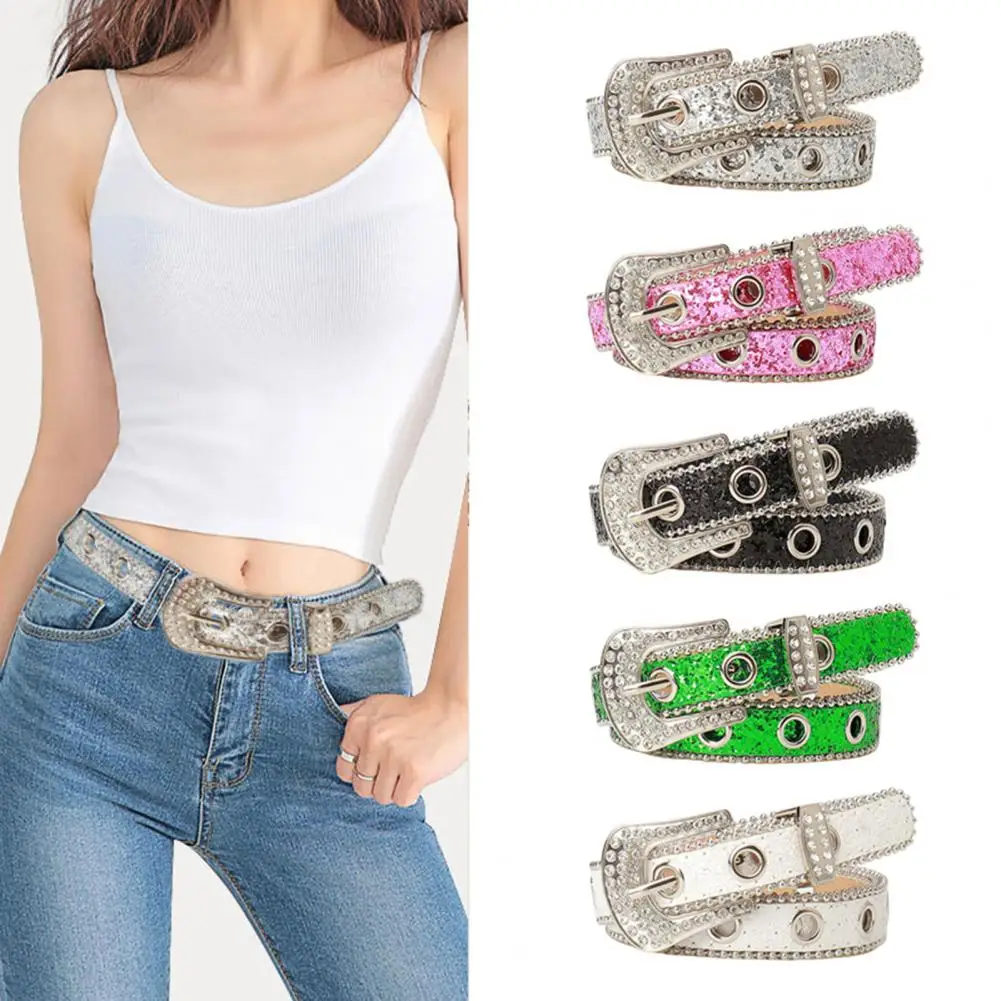 

Women Belt Glitter Sequins Shiny Rhinestones Multi Holes Adjustable Length Waistband Imitation Leather Street Style Belt