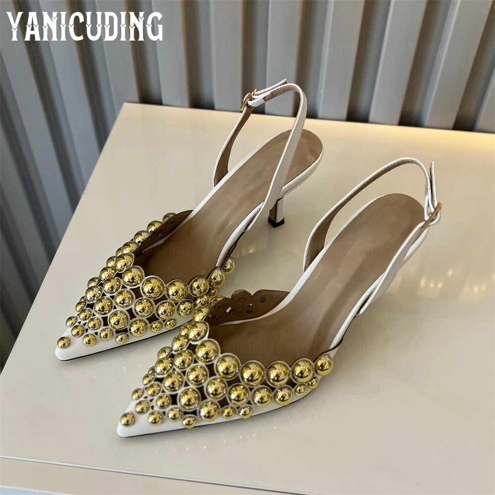Metallic Beaded Hollow Pumps Back Buckle Pointed Stilettos Customizable Multicolor Leather High Heels for Women Handmade Pumps
