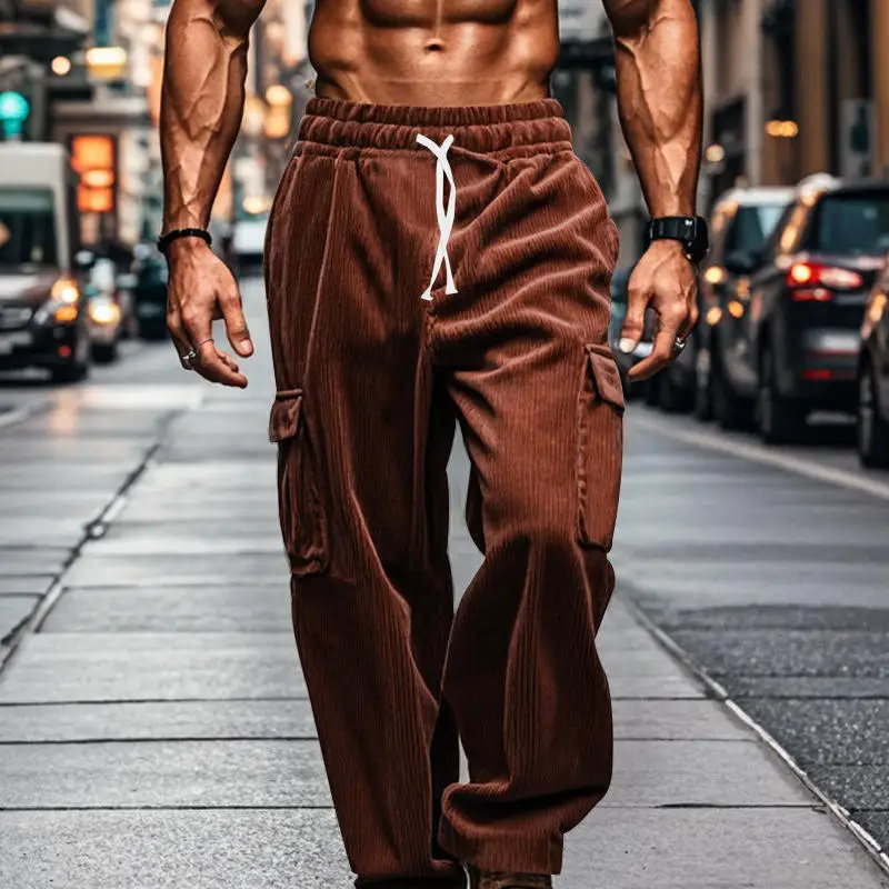 Loose Corduroy Wide Leg Pants Men's Casual Trousers Autumn Winter Straight Cut Knitted Waist Corduroy Loose Fit Straight Leg