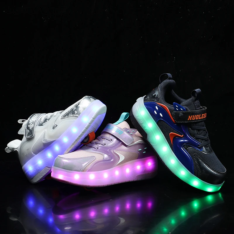 LED Two Wheels Children Shoes USB Chargable Fashion Breathable Boys & Girls Sneakers Sports Casual Kids Roller Skates Size 29-40