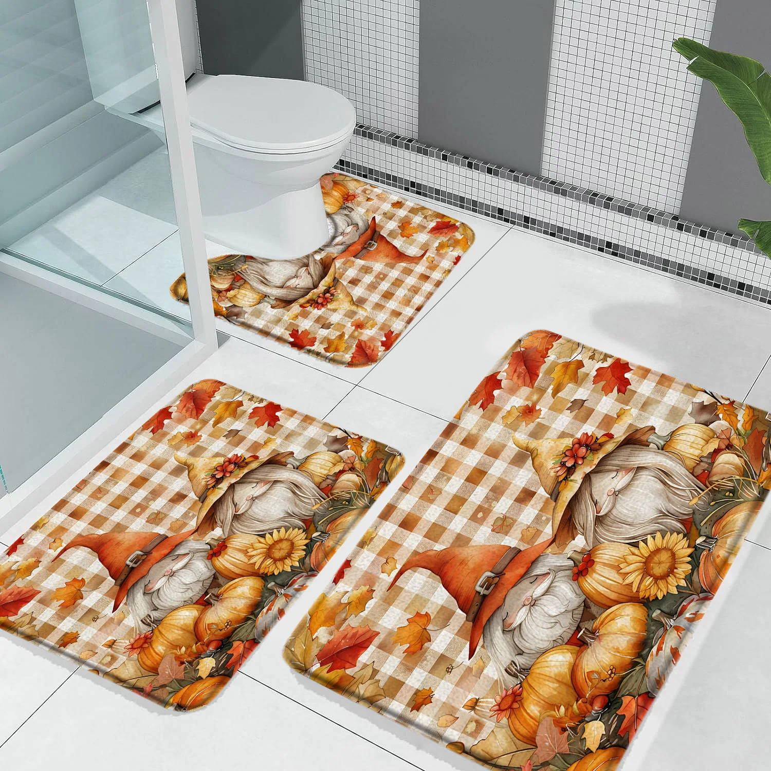 Autumn Bath Mats Fall Farm Elf Maple Leaf Pumpkin Plaid Rustic Farmhouse Scenic Bathroom Rug Set Outdoor Rug Entrance Doormat