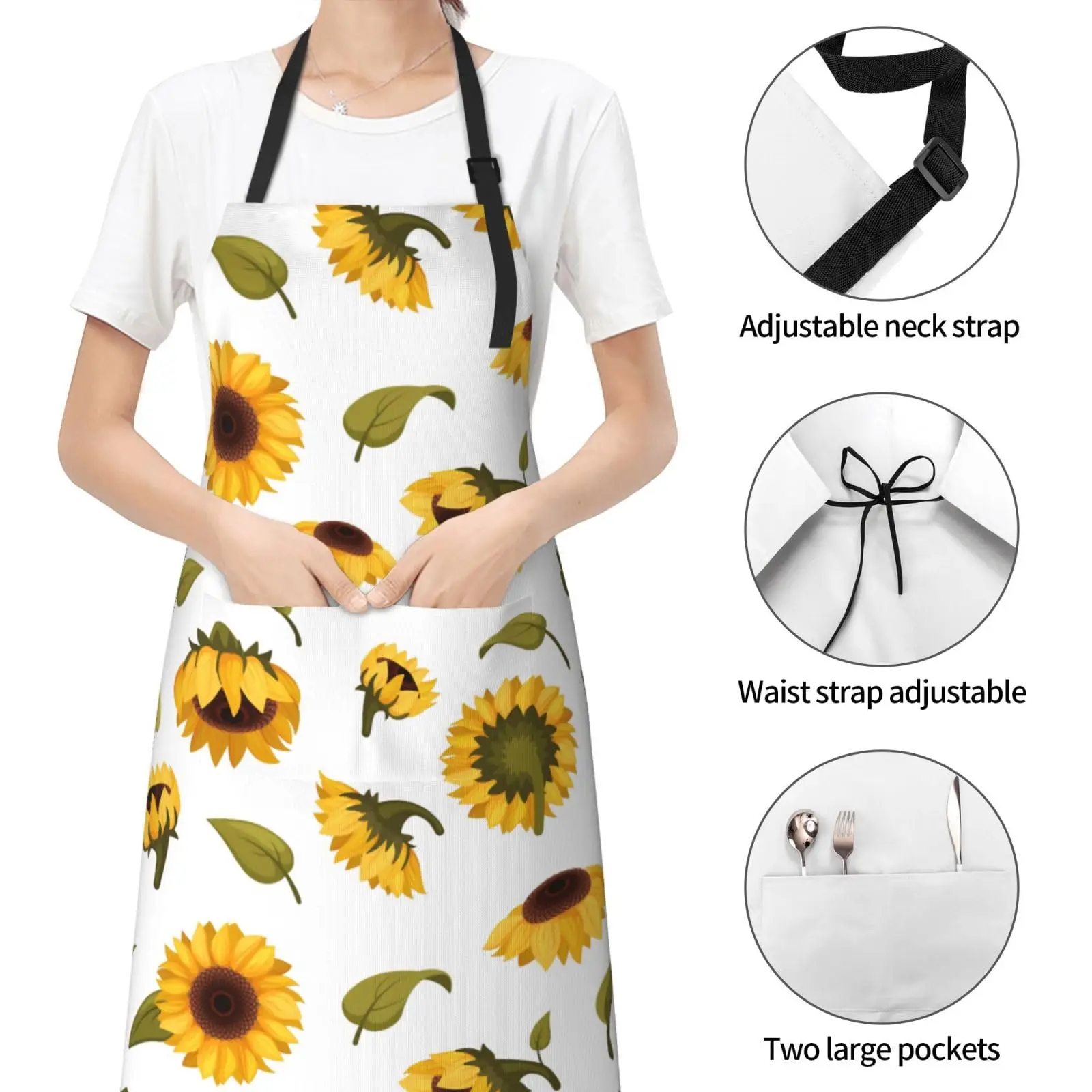 Sunflower Aprons for Women with Pockets Chef Apron Adjustable Neck Strap Kitchen Apron Waterproof Cooking Apron