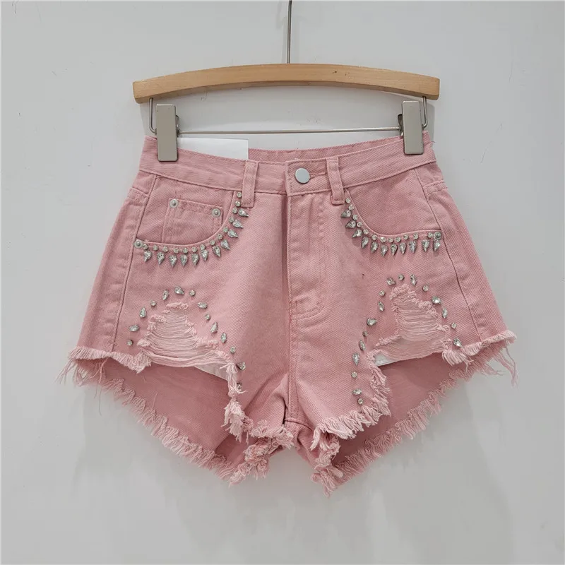 New Summer Heavy Work Diamond Ripped Denim Shorts Women High Waist Slim A-Line Wide Leg Jean Shorts s813