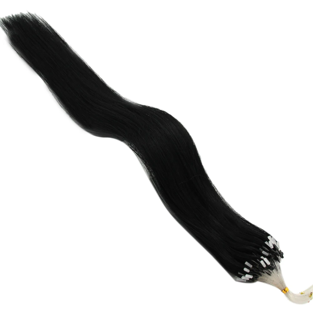 100Pcs 16Inch Black Easy Loops Mini Ring Beads Tipped Real Human Hair Extensions Wigs Hair