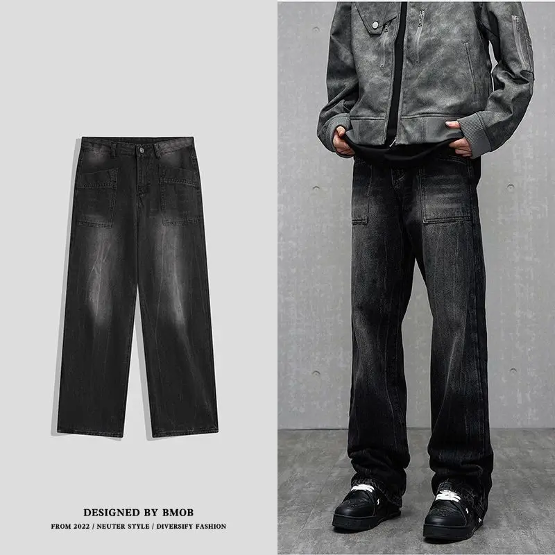 

Retro American Washed Men's Jeans Loose High Street Hip Hop Workwear Long Pants Straight Tube Loose Fit Daily Wear Cotton Pol...