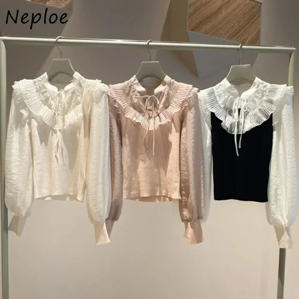 Neploe Winter Minority Sweet O Neck Lantern Sleeve Knitted Patchwork Wool Lace Up Women Sweater Japan Fungus Knit Fresh Jumper