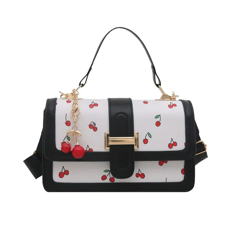 Cherry Printed Messenger Bag Cute Splicing Design Contrasting Color Fresh Style Simple Handbag Shoulder Bag for Women Girls view 5