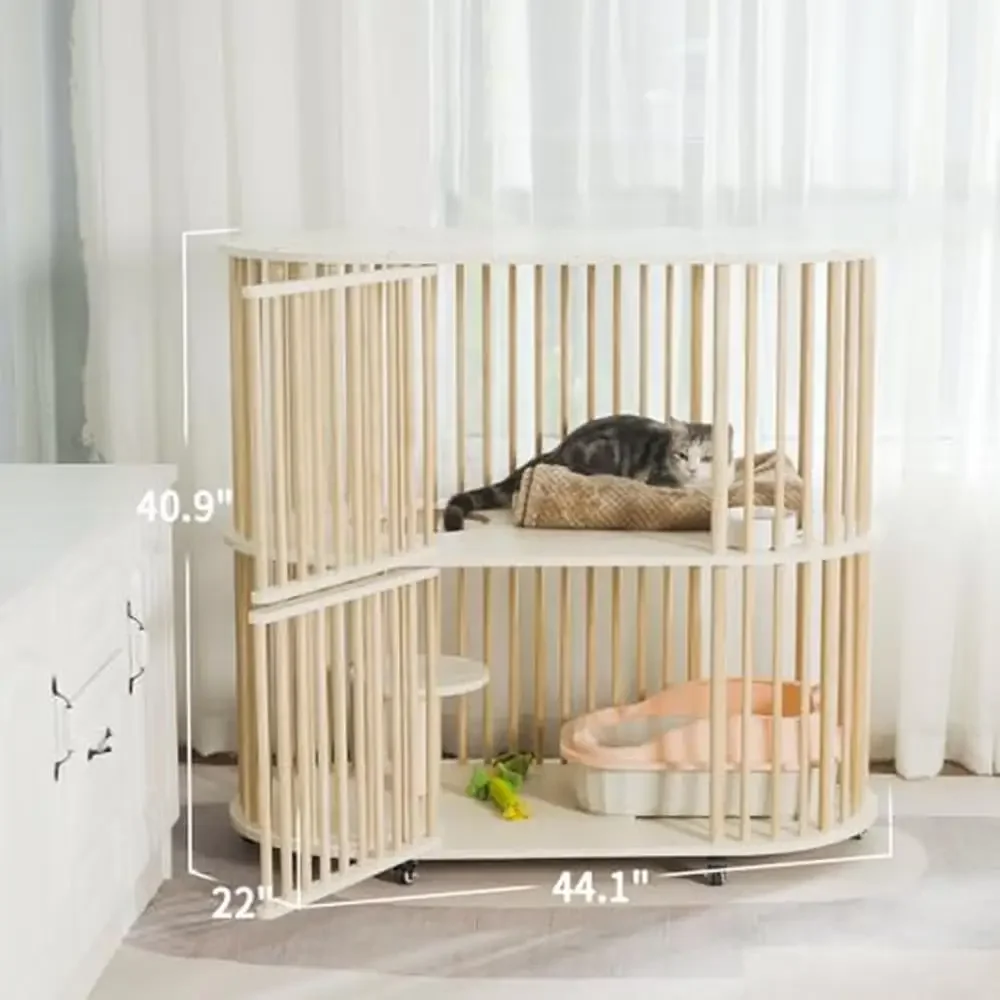 Solid Wood Double-Tier Cat Cage with 360° Ventilation Wheels Cat Hole Design Sisal Platform Natural Pine Crafted Swivel Lock