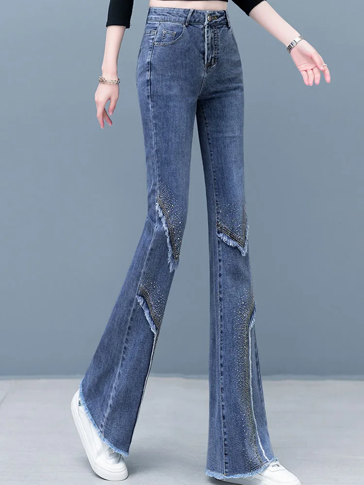 Perlen Streetwear Bootcut Jeans Damen Casual High Waist Retro Denim Hosen Fransen Breite Beine Vintage Mode Vaqueros