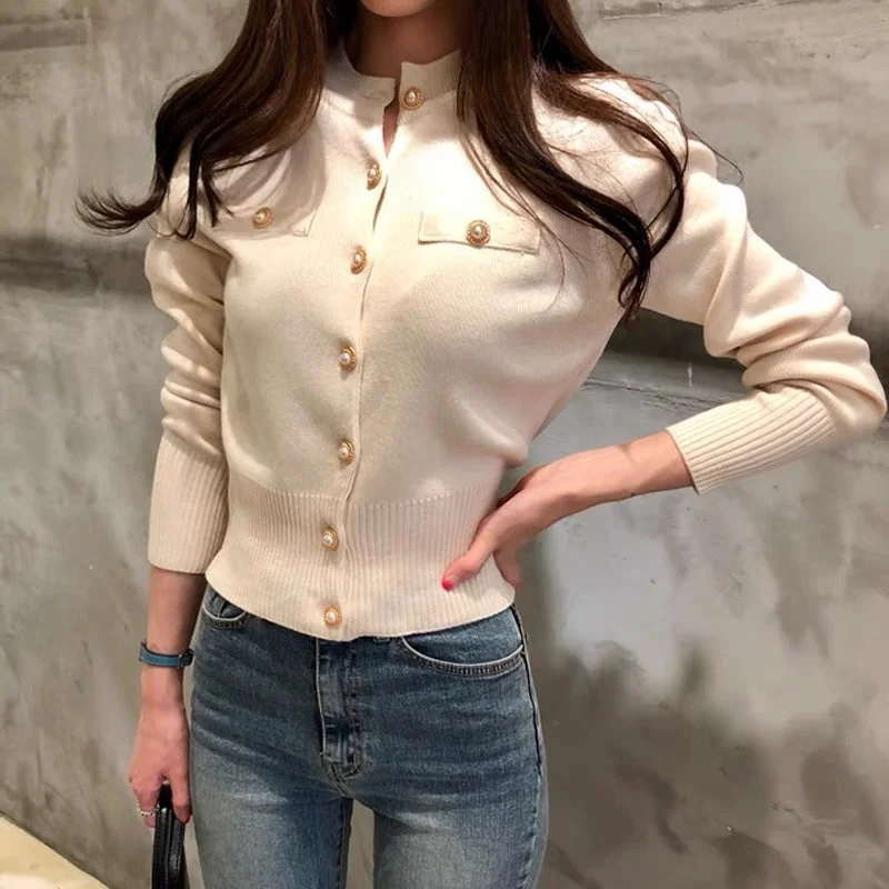 Korean Cropped Cardigan Women's Autumn Winter Long Sleeved Jumpers Single Breasted Slim Fit Solid Knitted Sweater Cardigan Tops