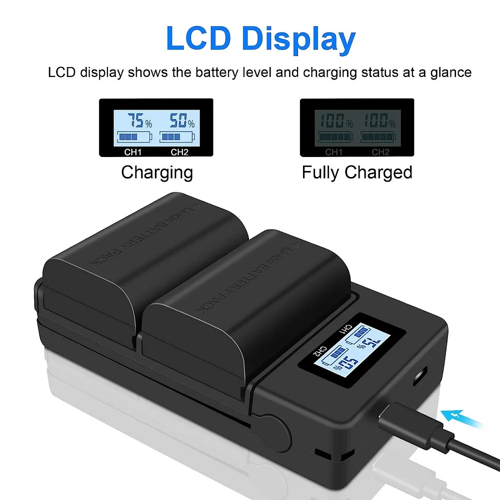 맥코플러스 NP-FZ100 LCD 디스플레이 USB 듀얼 배터리 충전기, 소니 ZV-E1 FX3 FX30 A1 A9 A9II A7III A7R III A7R V A7S III A7 IV A6600