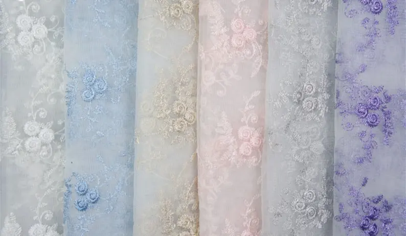 6 colori squisiti Rose leggere tessuto di pizzo Organza ricamato tessuto di pizzo abito da sposa in garza di tulle a rete floreale rosa