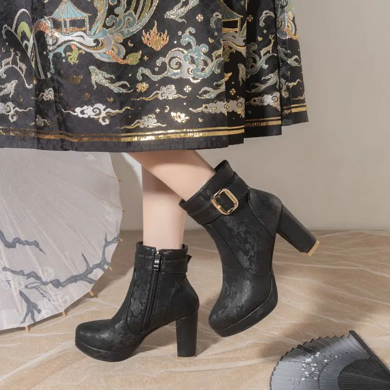 REAVE CAT Print Female Ankle Boots Round Toe Ultrahigh Heels 15cm Platform Size 45 46 47 Dating Booties