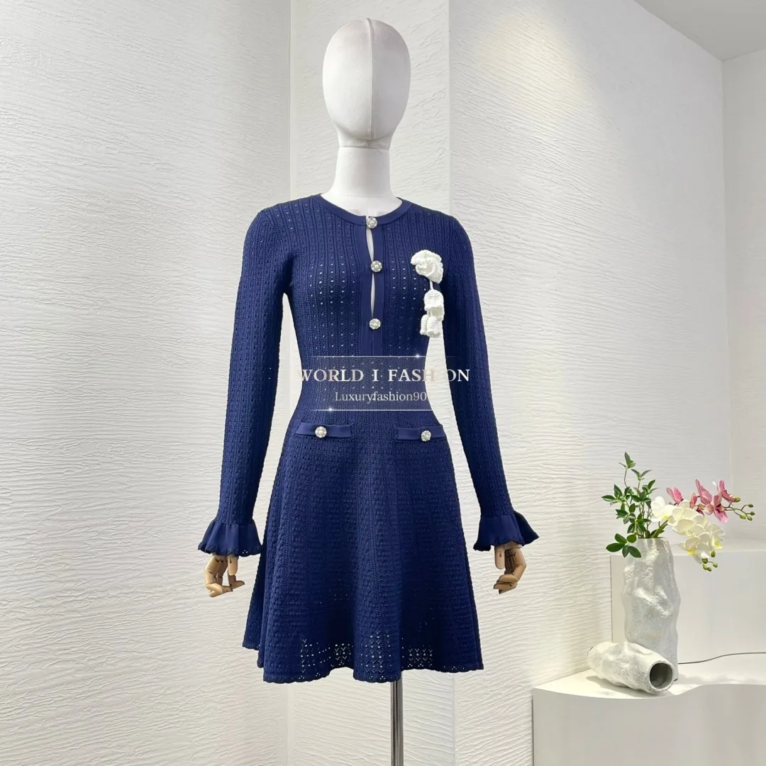 

Black Long Sleeve Knit Mini Dress High Quality Front Buttons Closure