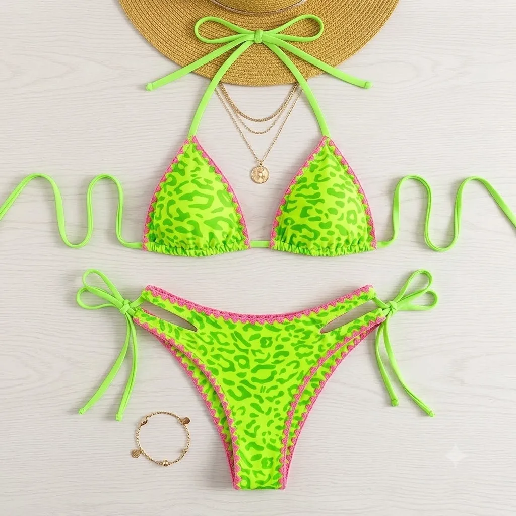 JEWELRY SEN Women Neon Green Leopard Print Halter Triangle Bikini Set 2‑Piece Cut‑Out Side‑Tie Summer Beach Swimwear