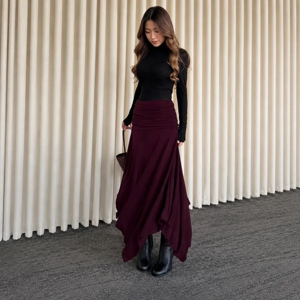 Waist Ruched Knit Maxi Skirt Soft Knit Loose Fit High Waist Skirt Flowy Silhouette Irregular Hem A-Line Skirt Daily Outfit