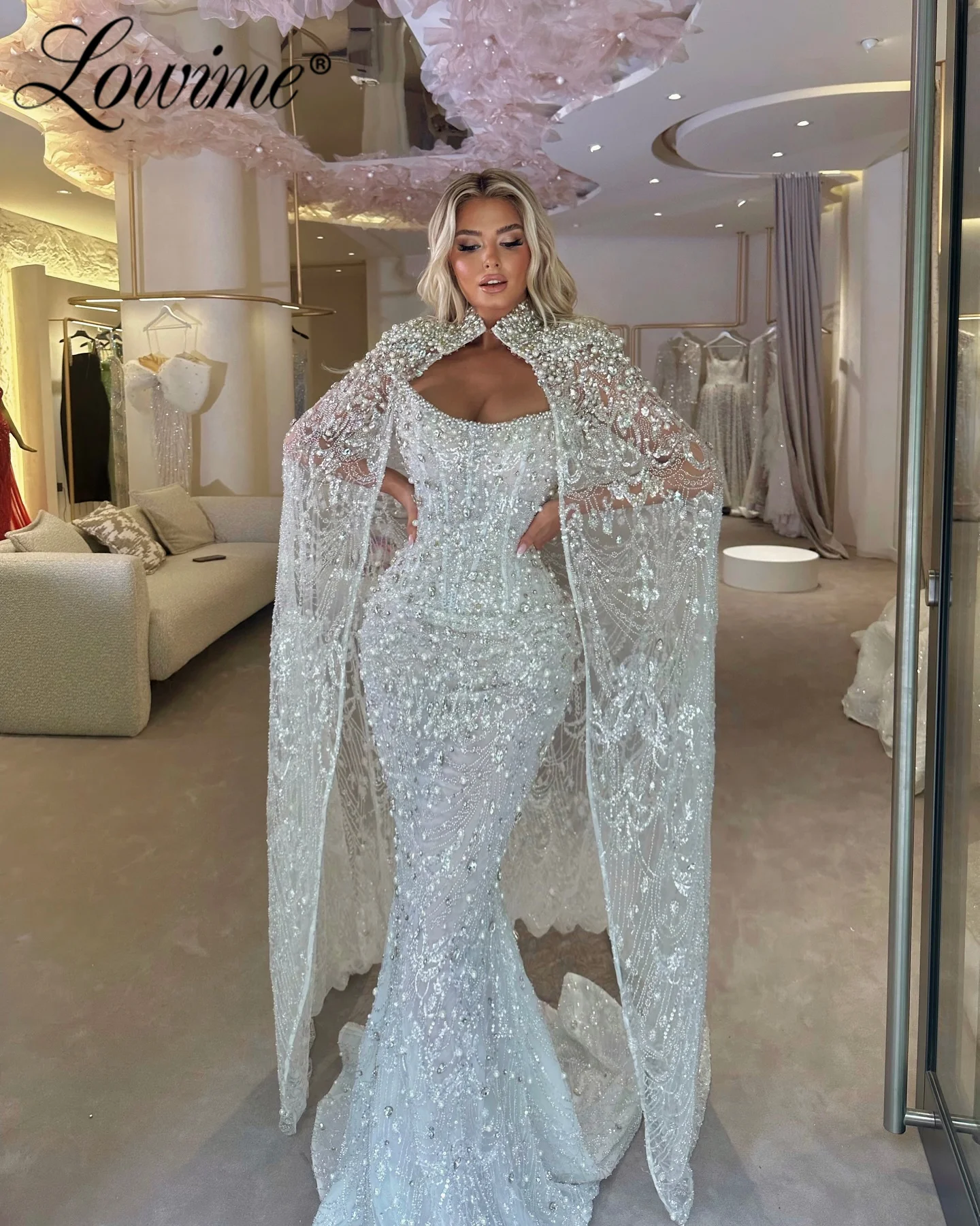

﻿ Ivory White Mermaid Celebrity Dresses Customized Strapless Long Cape Sleeve Pearl Crystals Evening Dress Long Prom Party Gown