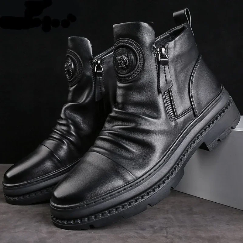 Men\'s Motorcycle Leather Boots British Style Round Head High Top Shoes Side Zip Walking Casual Platform Boots Bota Masculina