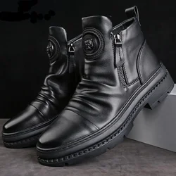 Men's Motorcycle Leather Boots British Style Round Head High Top Shoes Side Zip Walking Casual Platform Boots Bota Masculina