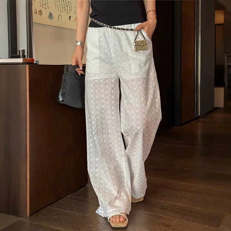 

Лето 2025: Новые женские широкие брюки из хлопка с вышивкой и кружевом, на эластичной талии, длинные, повседневные, модные