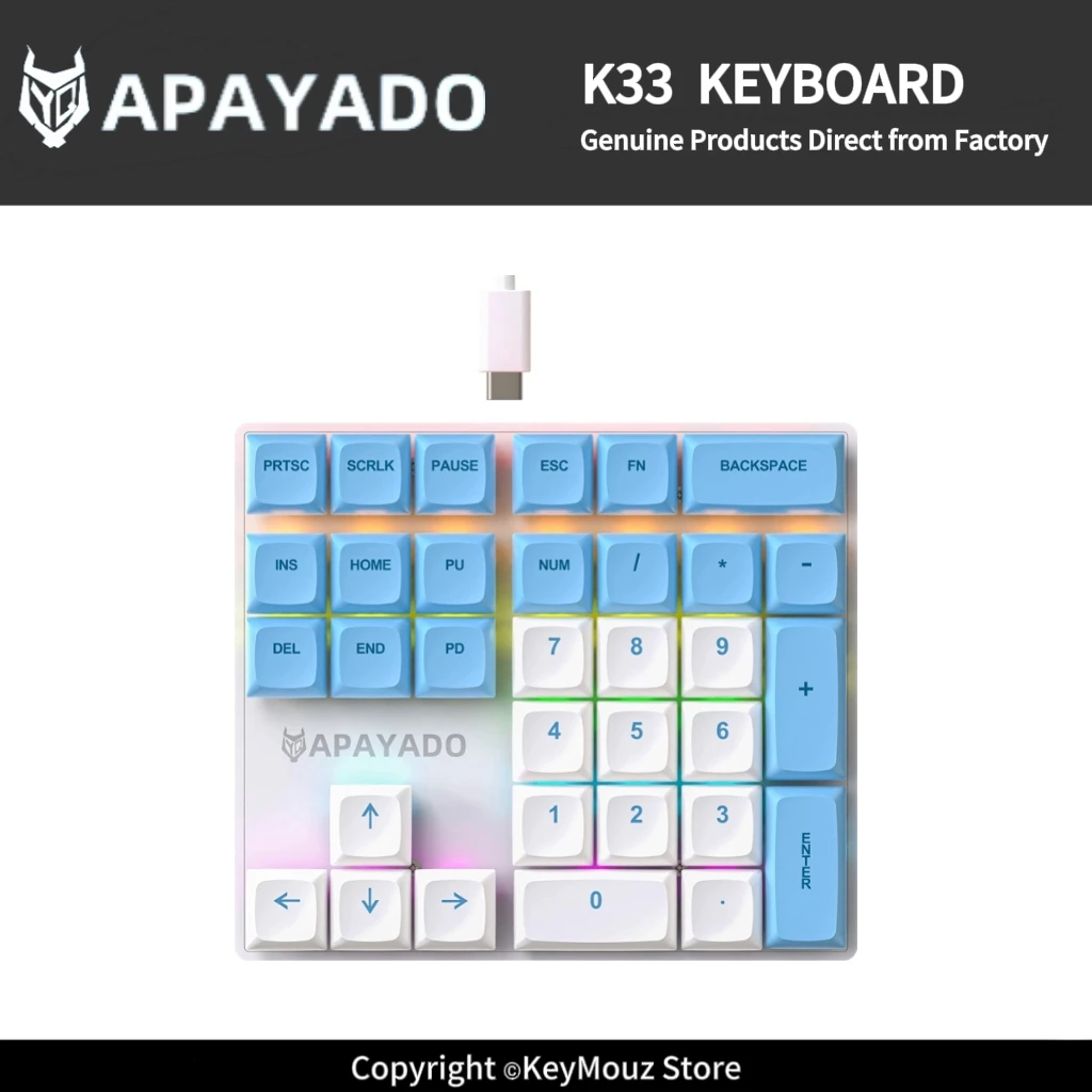 Mini Mechanical Numeric Keypad APAYADO K33 Portable USB Type-C Wired RGB LED Backlit for Laptop Finance Office