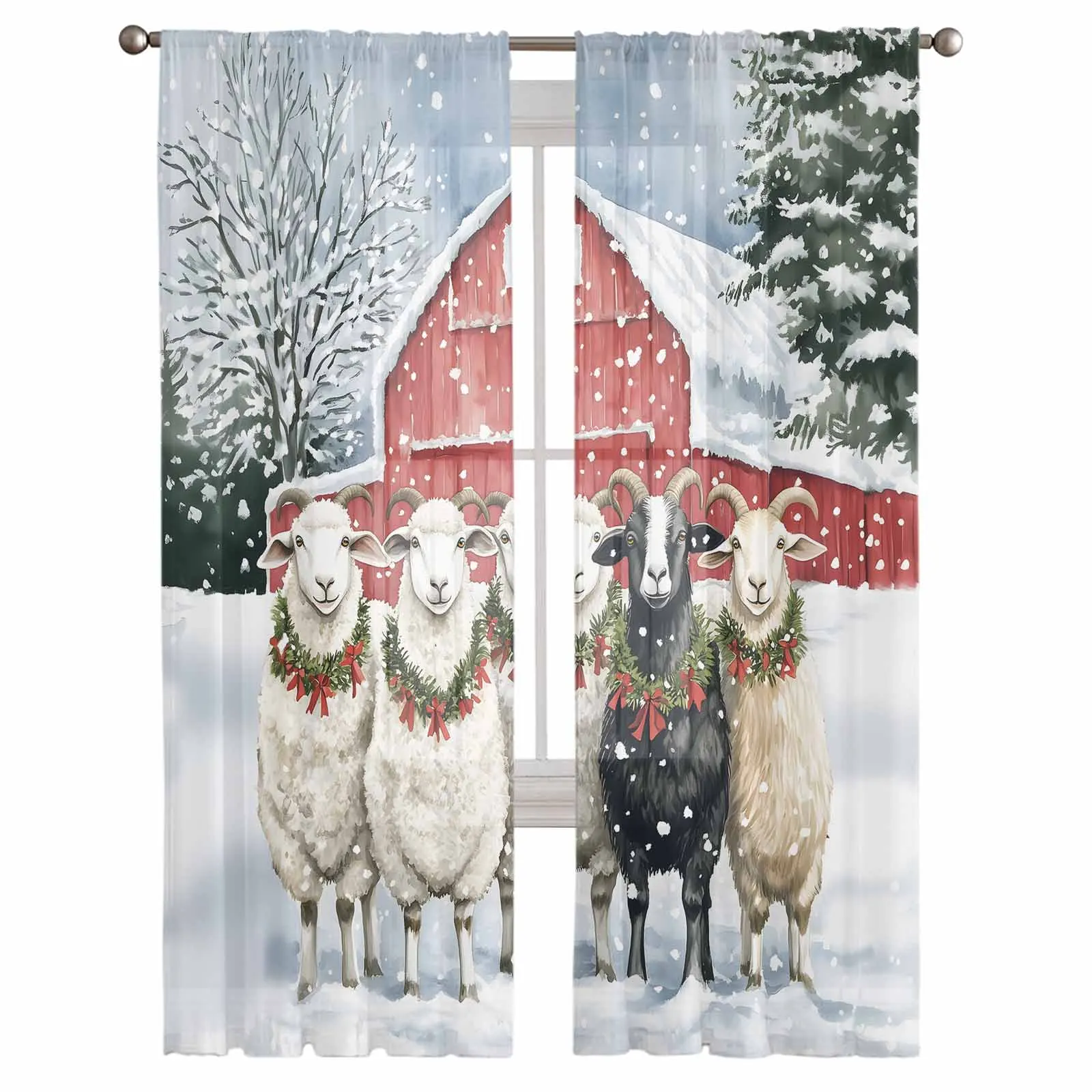 Christmas Sheep Snow Curtains Decorations For Home Window Tulle Curtains For Living Room Bedroom