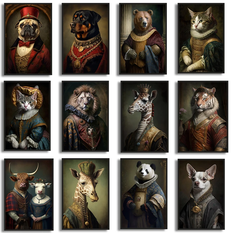 (2D canvas painting)  Renaissance European Aristocrat  Giraffe Tiger Highland Cow Cat Tiger Dog Poster Print Canvas Painting