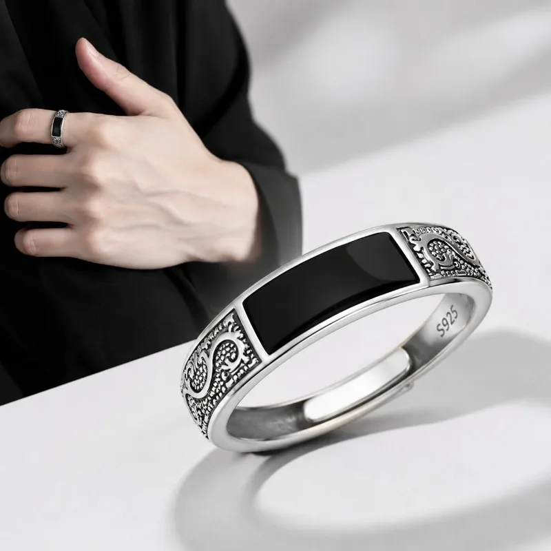 925 Sterling Silver Dragon Pattern Ring Male Ins Niche Pattern New Trendy Brand Wild High-end Retro Personality Men's Open Ring