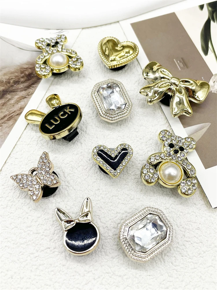 1PC Luxury Gold Rhinestone Bear ABS Shoe Charms Decorations Bling Jewelry Bowtie Buckle Decor Women Clog Shoes Diy Accessories