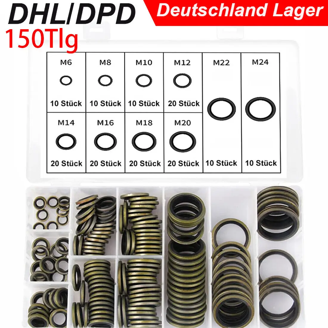 150-tlg Bonded Seal Dichtring Sortiment M6-M24 Ölablass Schrauben Dichtung Satz