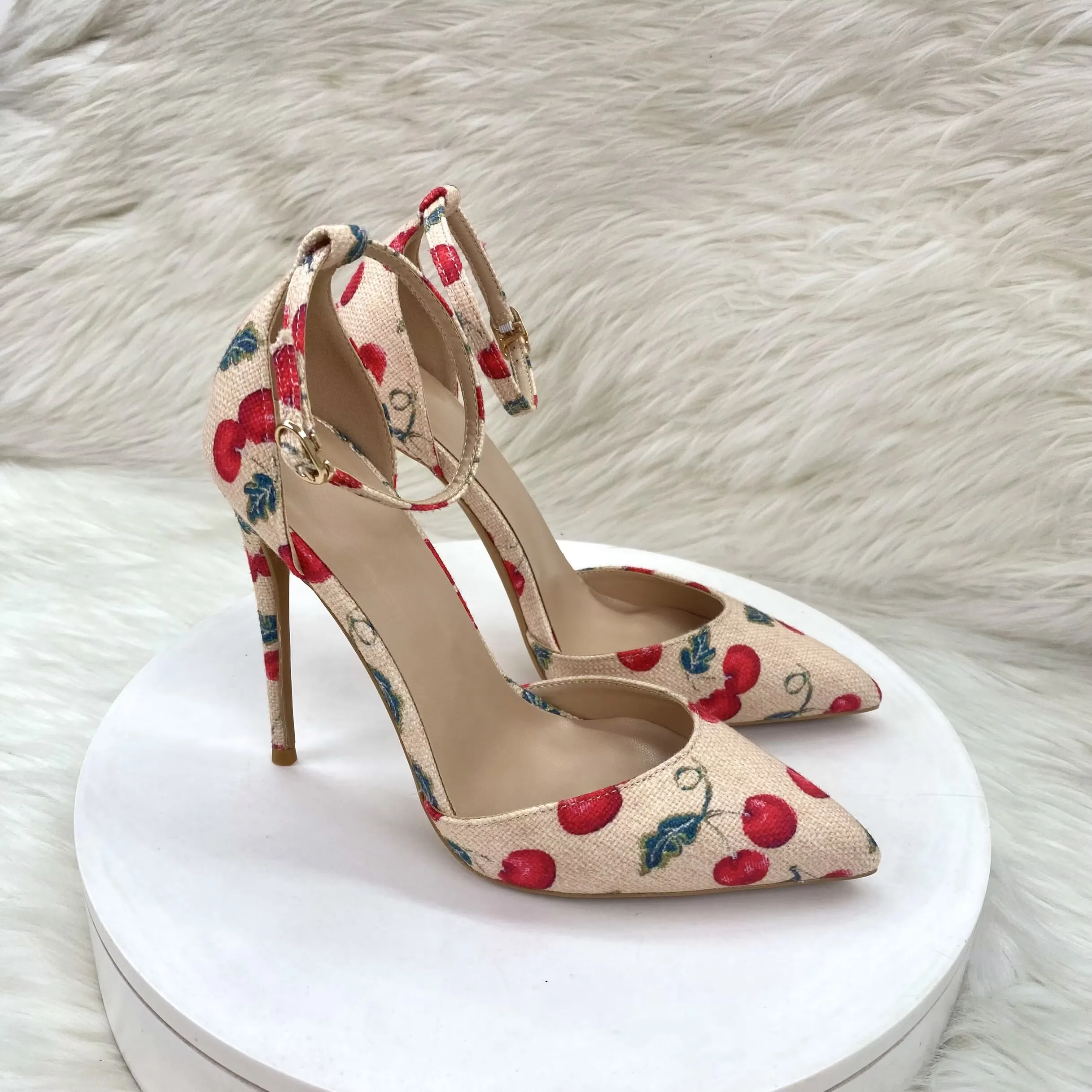 Women Cherry Print Ankle Strap High Heels Pointed Toe Stiletto Pumps Ladies Summer Party Dress Shoes Fashion Thin Heel Sandals
