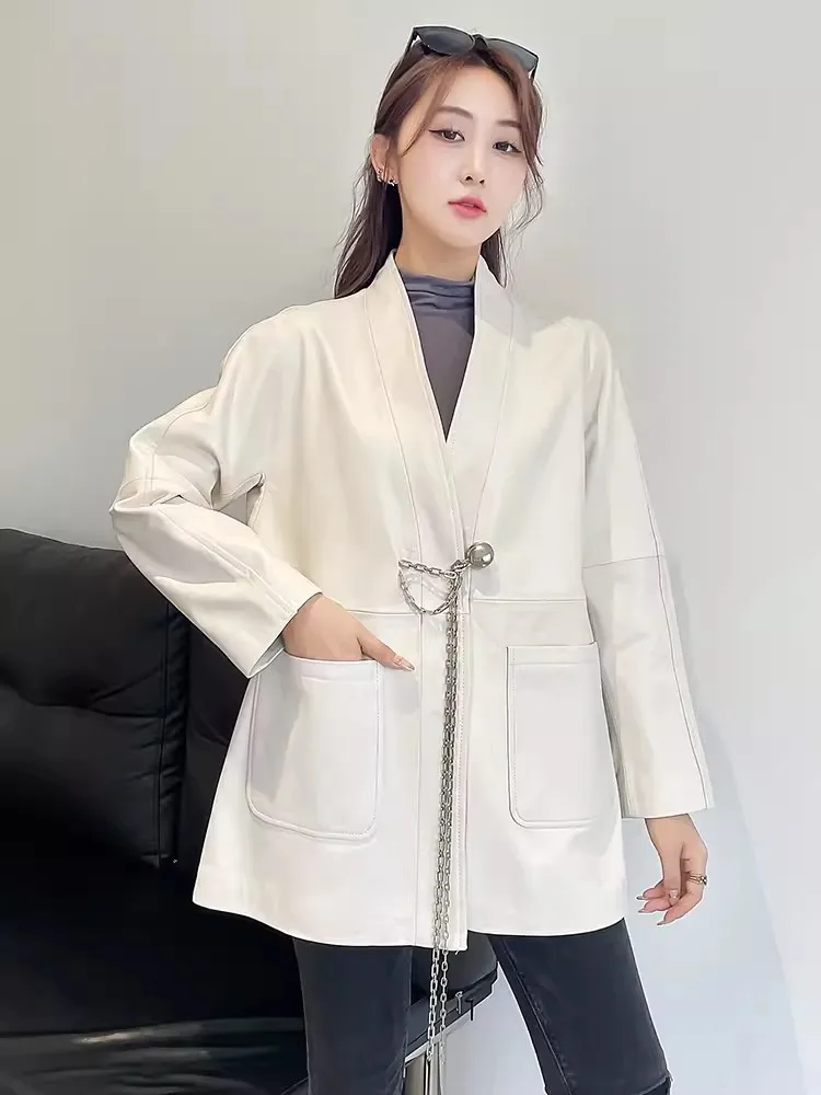 JOLace-Veste en cuir véritable pour femme, col montant, col en V, peau de mouton, manteau d'automne, coupe mi-longue, mode féminine