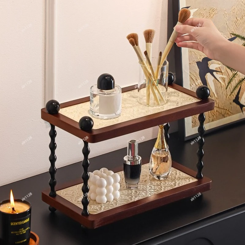 Mid-century Wooden Cup Storage Rack, Double Layer Countertop Organizer, Luxury Desktop Holder for Home Decor