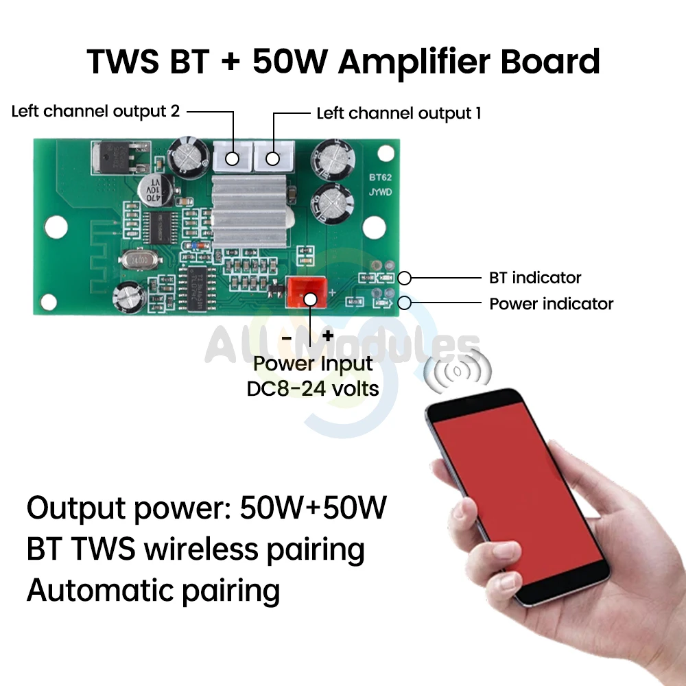 DC 8-24V 50W+50W BT Amplifier Board Module Speaker Audio Receiver Supports Tws Pairing