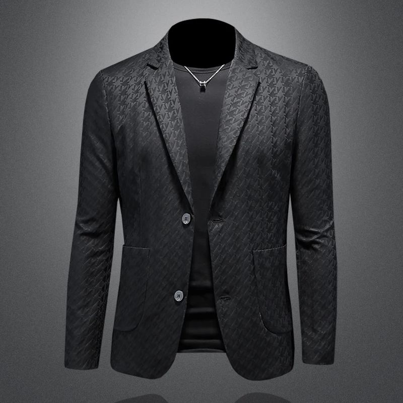 

Autumn 2023 Men's Casual Busin Sle Printed Suit Jaet Trendy Leisure Outerwear Stand Fit Long Sve No Ironing Requ...