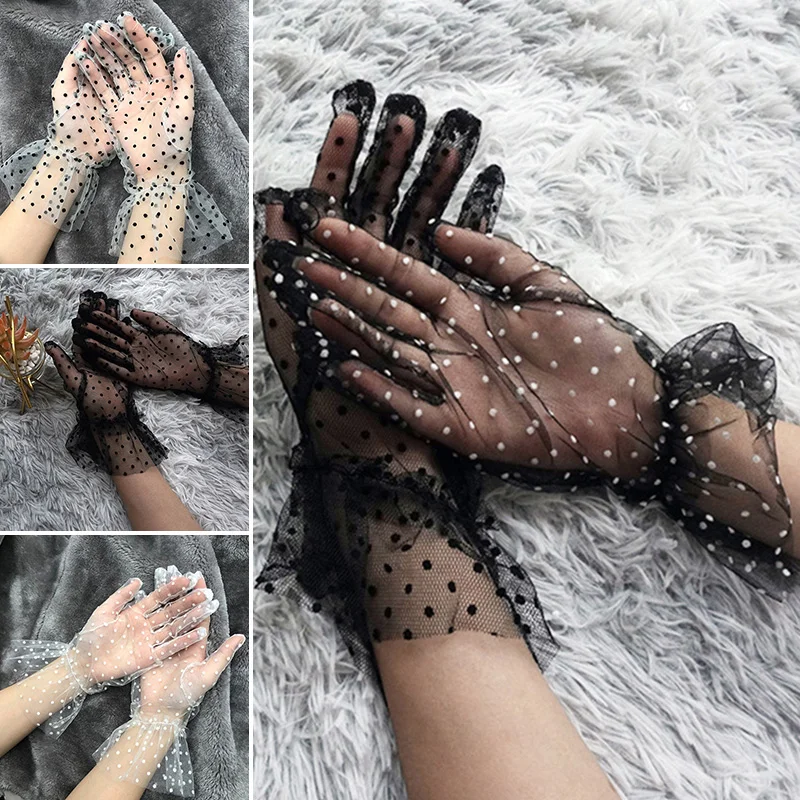 

1 Pair Short Tulle Gloves For Women White Black Weeding Gloves Stretchy Lace Spots Full Finger Mittens Mesh Transparentes Gloves