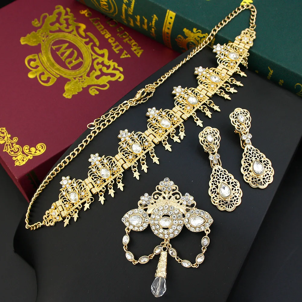 Sunspicems Gold Color Algeria Women Hair Chain Set Crown Crystal Bride Wedding Jewelry Tiaras Elegent Morocco Hair Accessories